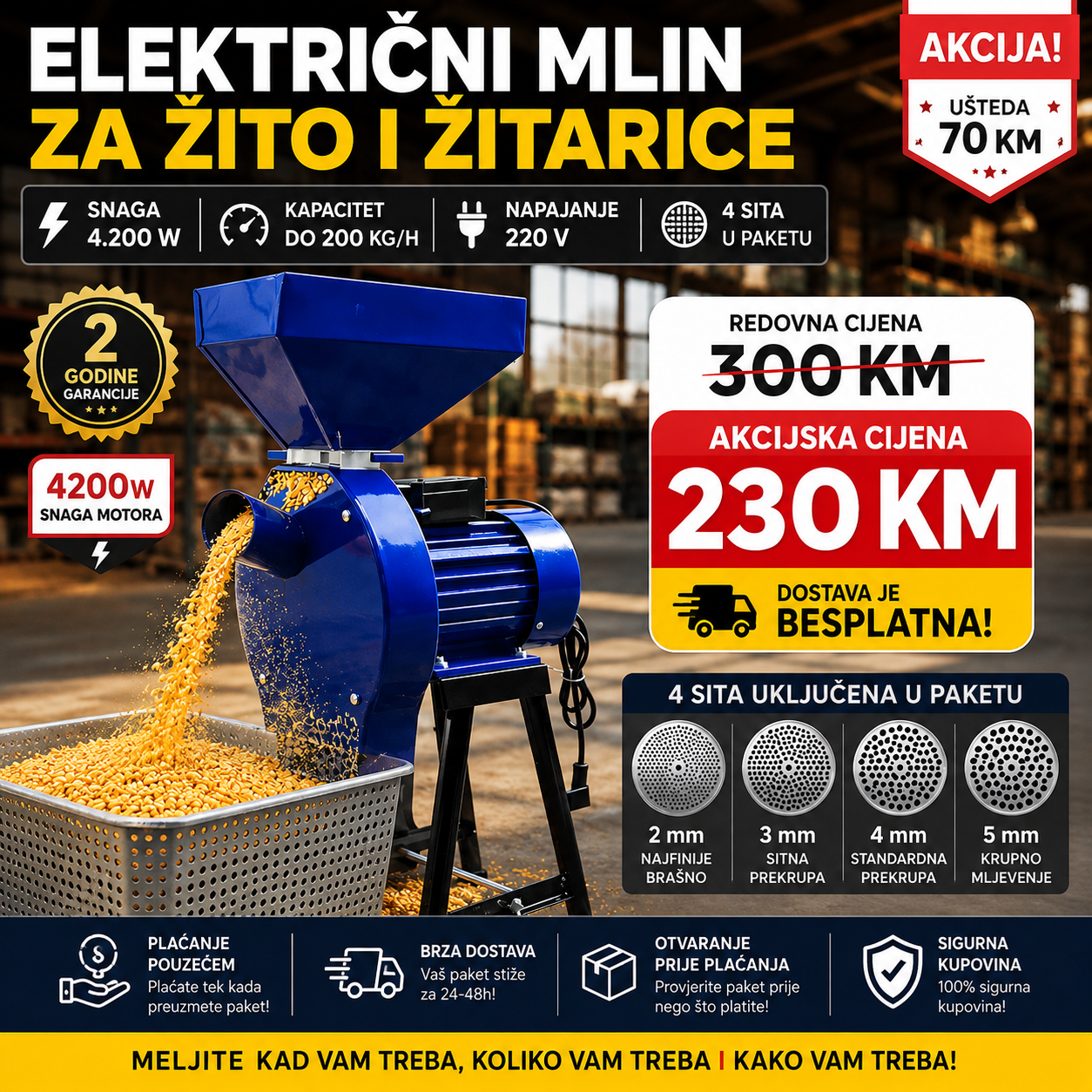 Električni mlin za žito 4.200 W