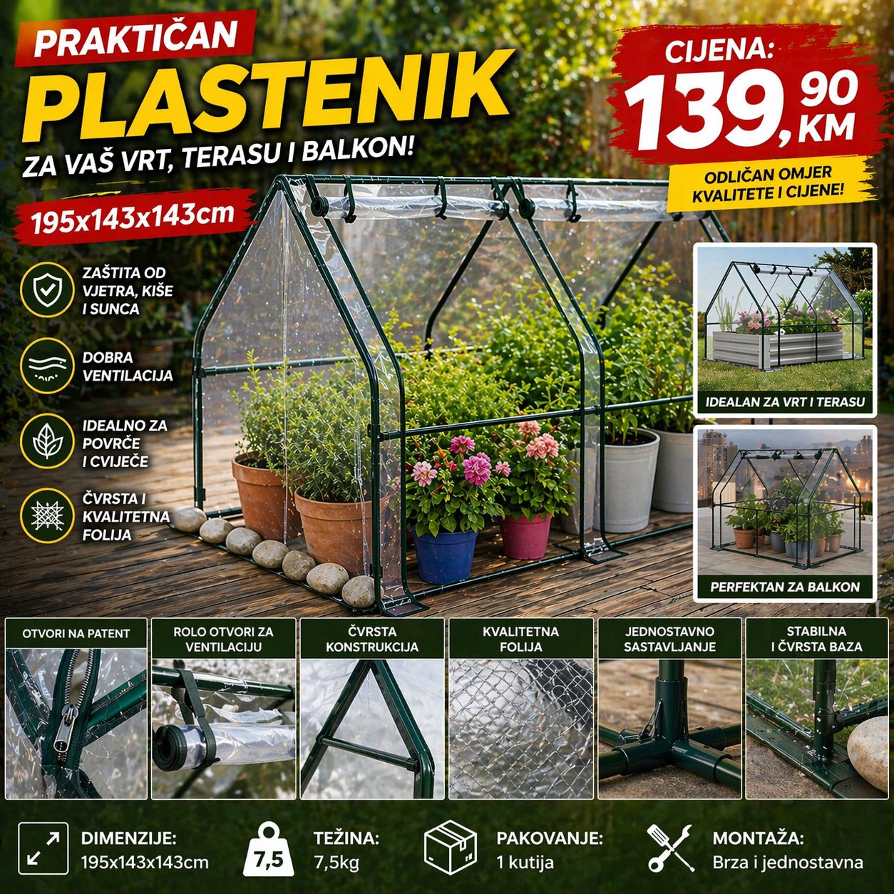 Plastenik za vrt 195x143x143cm