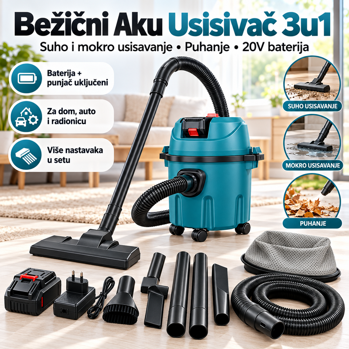 Bežični Aku Usisivač 3u1 – Suho i Mokro Usisavanje + Puhanje