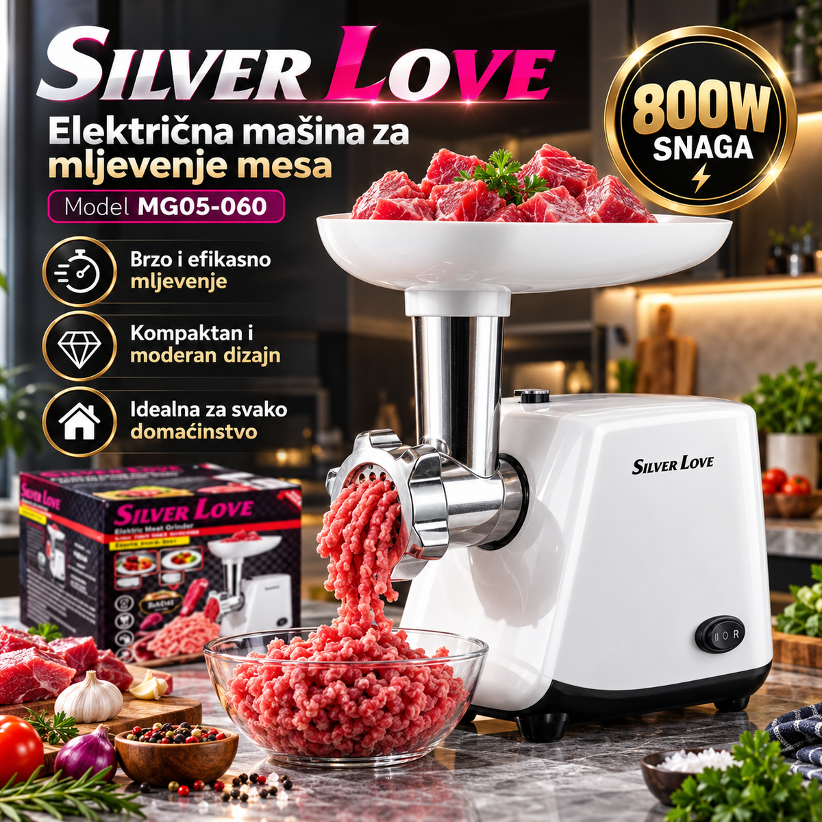 Silver Love električna mašina za mljevenje mesa 800W